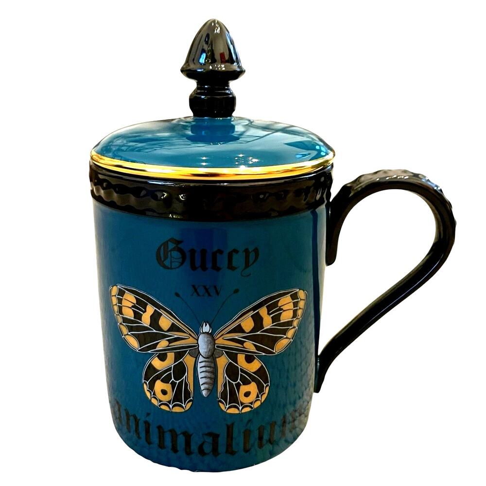 GUCCI XXV Animalium Print Mug Porcelain Butterfly with Lid Blue Black Gold NEW